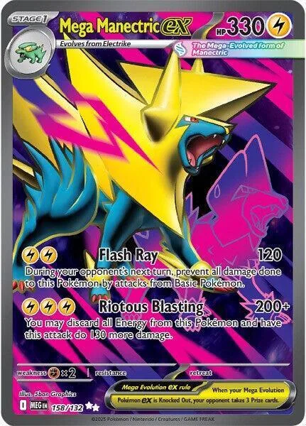 Yellow and blue creature Pokémon card, Mega Manectric EX, purple background.