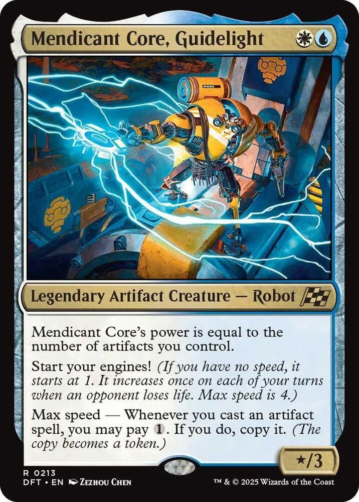 Yellow robot creature with lightning on a blue background, Magic: The Gathering card.