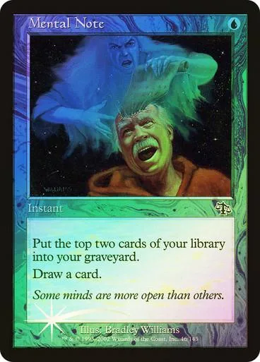 Blue and green Magic: The Gathering card, "Mental Note," featuring a screaming man.