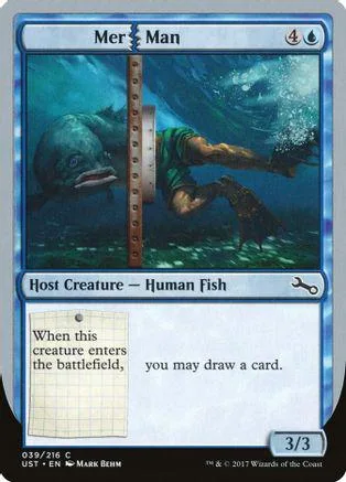 Blue and green fantasy card featuring a man swimming with a large fish.