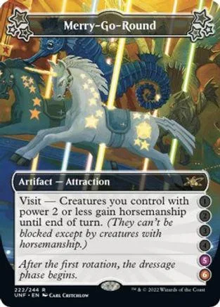 White horse on a carousel against a festive, golden background.