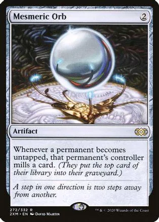 Magic: The Gathering card, Mesmeric Orb, silver orb over brown, black, and white.