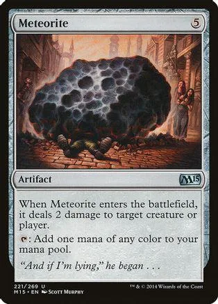 Black, textured meteorite on cobblestone street scene, Magic: The Gathering card.
