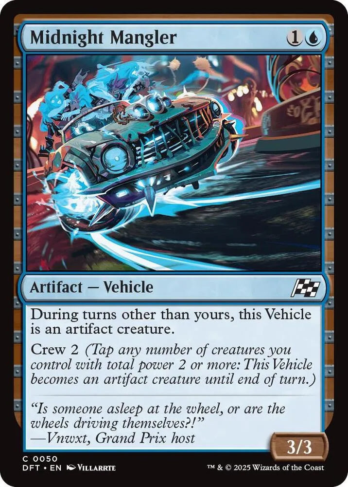 Blue and black vehicle card art, Midnight Mangler, with 3/3 power.