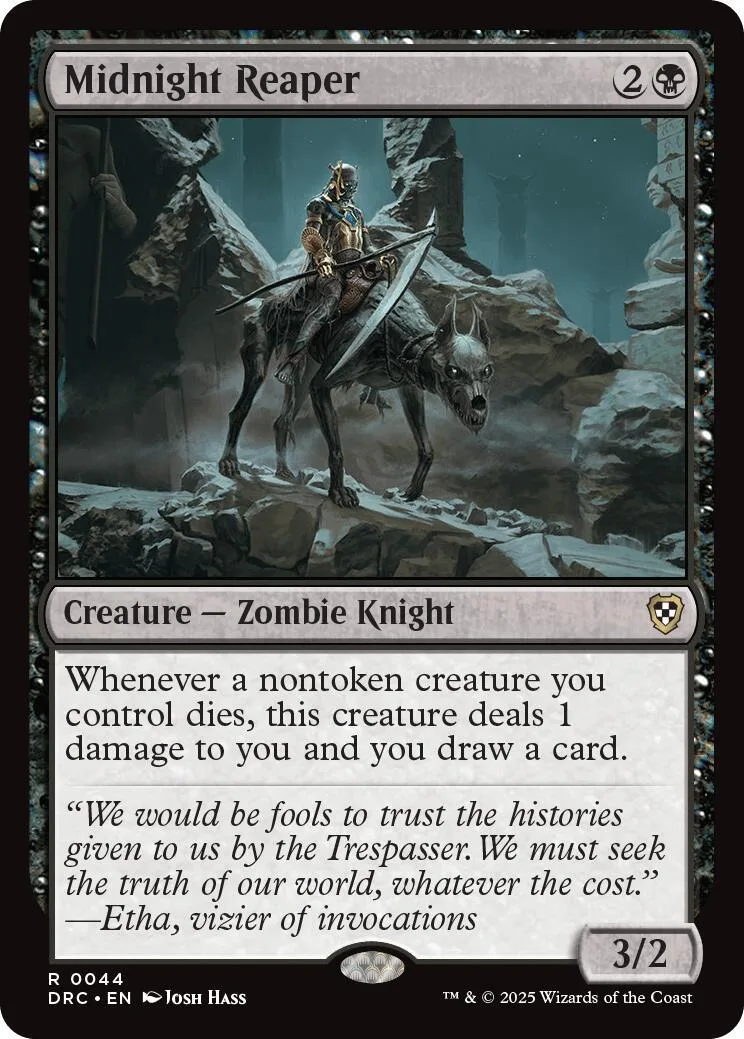 Zombie knight on dark horse in rocky, misty landscape. Black and grey card art.