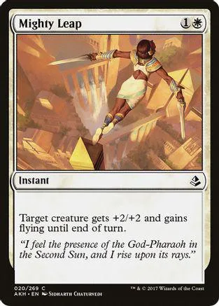 Card art shows figure leaping with sword over ancient ruins. Instant spell.