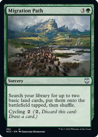 Green landscape art on a Magic: The Gathering card titled "Migration Path.
