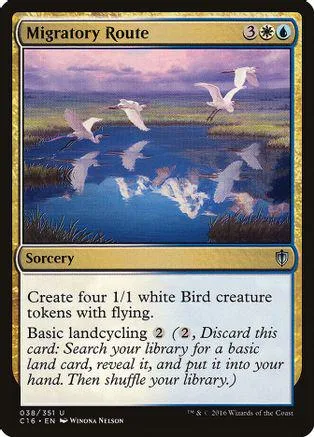 White birds flying over a blue lake under a purple sky. Sorcery card.