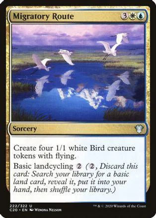 White bird tokens appear over a blue water scene on a Magic: The Gathering card.