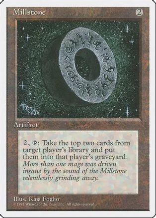 Dark green and black card featuring a silver, ring-like object against a starry background.