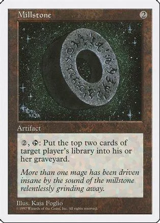 Silver millstone on dark, starry background. Magic card art.