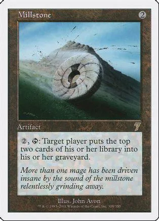 Large, weathered millstone on green hill under blue sky. Magic: The Gathering card.