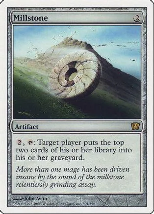 Stone grinding wheel on grassy hill. Magic: The Gathering card, artifact type.