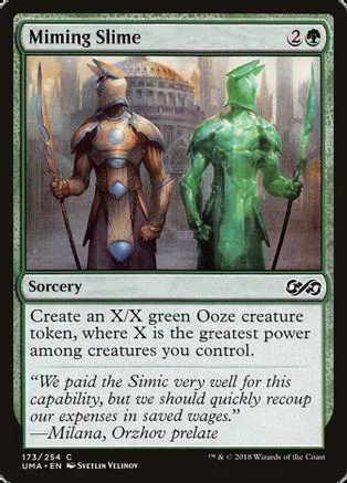 Green slime creature with a man in armor, on a Magic: The Gathering card.