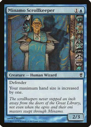 Wizard in blue robes stands before ancient library doors. Card art.