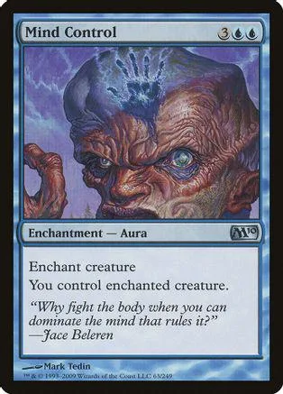 Card art depicts a large, wrinkled, blue-skinned humanoid face. Mind Control enchantment card.