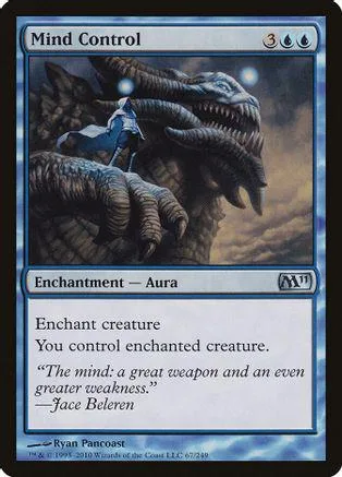 Dark, reptilian creature dominates card art. Blue and black colors. Magic: The Gathering card.