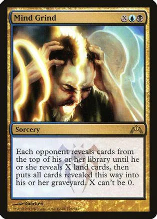 Card art depicts a man clutching his head amidst glowing energy. Mind Grind sorcery.