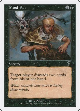 Card art depicts a man with a skull-like creature above him. Mind Rot spell.