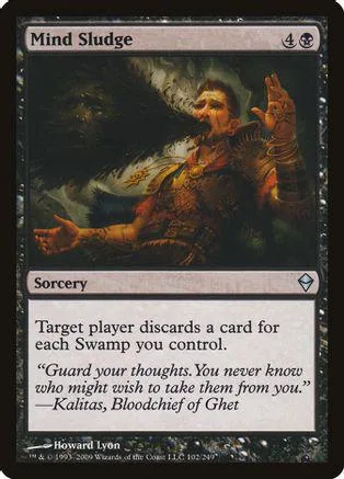 Dark fantasy art card featuring a figure in armor, titled "Mind Sludge.