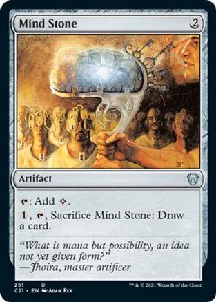Blue and gold Magic: The Gathering card, Mind Stone, showing a glowing brain.