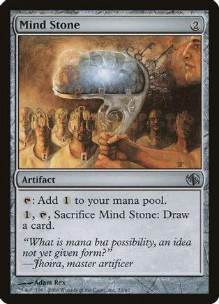 Blue and gold Magic: The Gathering card, Mind Stone, showing a glowing stone.
