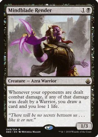 Purple-haired warrior in dark armor on a fantasy battlefield card.