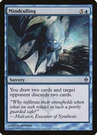 Dark, monstrous creature looms over a figure on a blue and black Magic card.