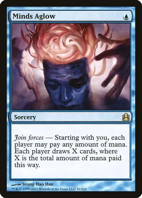 Blue-skinned figure with red hair, Sorcery card art, black frame.