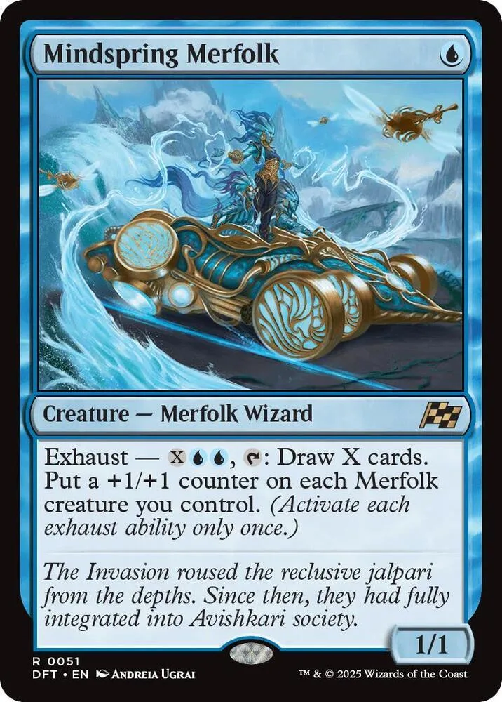 Blue merfolk wizard riding a golden, swirling sea creature. Magic: The Gathering card.