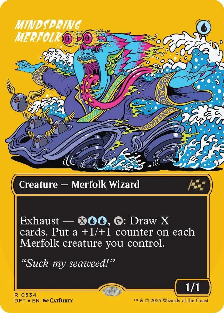 Blue and purple merfolk wizard creature card art with text box.