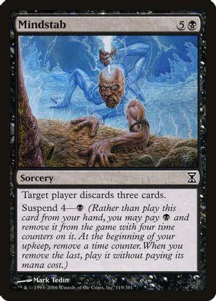 Blue and brown fantasy art card, Mindstab, with text box and mana cost.