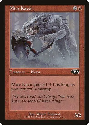 Grey, monstrous creature attacks a smaller figure on a swampy battlefield.