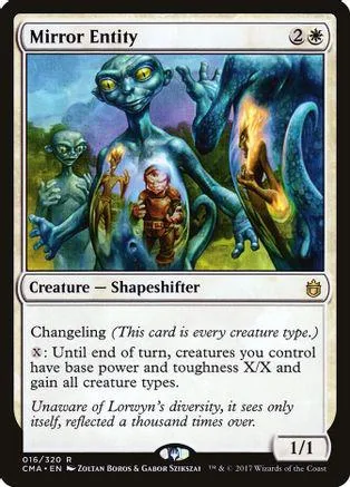 Blue and green creature card, Mirror Entity, with a humanoid figure.