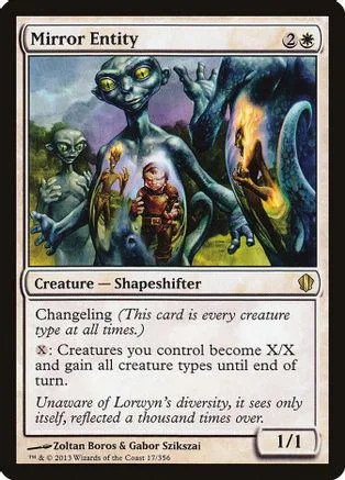Blue-green creature card, Mirror Entity, with dark, alien-like figure.