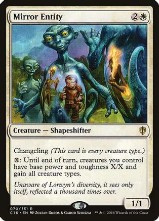Blue-toned creature card art featuring a humanoid figure and a large, dark shape.