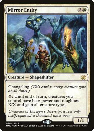 Blue and green creature card, Mirror Entity, showing a blue humanoid figure.