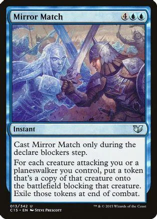 Blue and white Magic: The Gathering card, Mirror Match, showing two figures clashing.