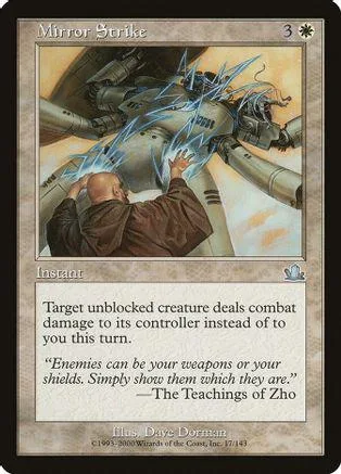 Blue and gray mechanical creature with a man in brown, Mirror Strike card.