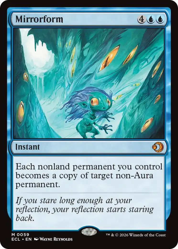Blue-green fantasy art card featuring a small blue creature in a forest.