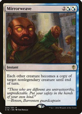 Blue and black Magic: The Gathering card, Mirrorweave, featuring a bearded man.