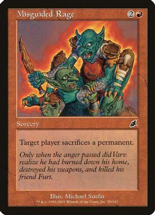 Green goblin creatures clash in a fiery scene on a Magic: The Gathering card.