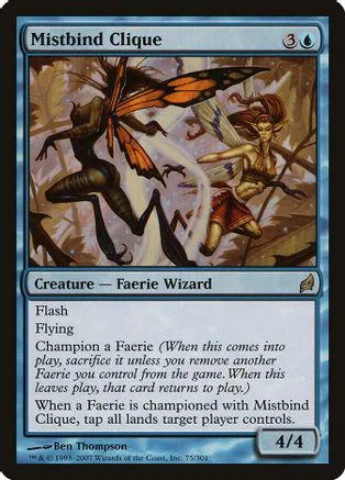 Dark winged faerie wizard creature card, orange and black, on a blue border.
