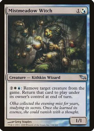 Dark, mystical witch figure in a shadowy, green forest setting. Blue and black card art.