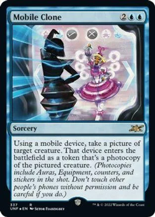 Black figure with glowing pink creature on a blue and white card.