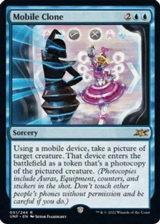 Blue and black Magic: The Gathering card, Mobile Clone, showing a stylized figure.