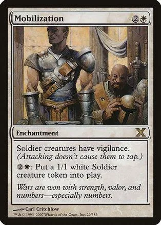 Card art shows a soldier in armor next to a man in a coat. Mobilization enchantment.