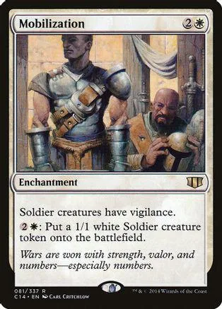 Card art shows two men in armor. Text reads "Mobilization" and describes an enchantment.