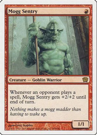 Green goblin warrior creature card, "Mogg Sentry," with text box.
