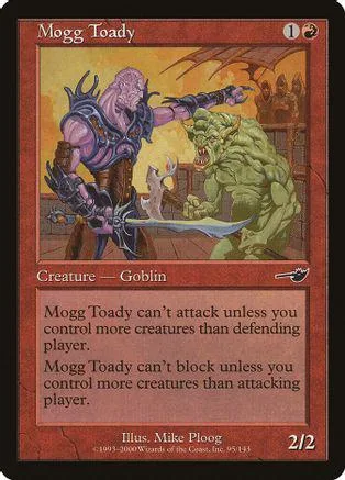 Goblin creature card art: purple goblin fights green monster.